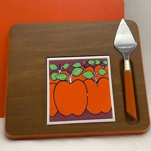 Vintage hand carved wood cheese board with knife, ceramic insert, apples insert